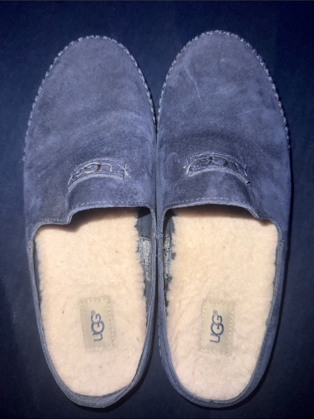 UGG Women’s Size 8 Navy Suede Shearling Slip-Ons Slippers